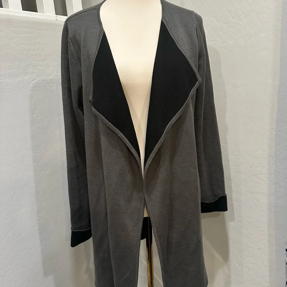 Joan Vass Charcoal Open Front long ‎ Cardigan with black lining